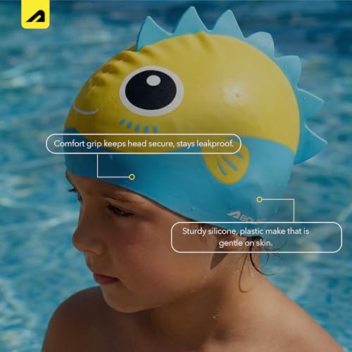 Image of Boldfit DinoSplash Kids Swimming Cap Fun Yellow & Blue Dinosaur Theme Non-Slip Silicone Swim Cap for Boys & Girls (Age 3-12)