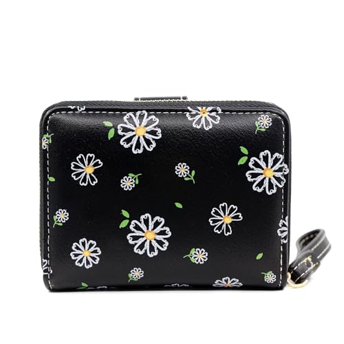Small Wallets for Women Leather Bifold Zipper Pocket Colorful Flowers Wallet Credit Card Holder with ID Window3