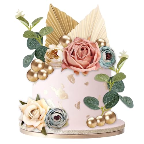 28 decorazioni per torta di compleanno, fiori secchi con palline dorate e foglie verdi, per decorazioni di compleanno rosa e decorazioni bohémien