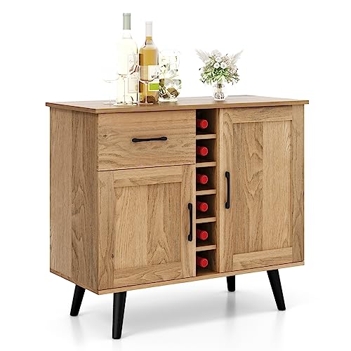 KOMFOTTEU Aparador de Cocina con Estante para 6 Botellas, Mueble de Vino con 2 Armarios de Puerta y Cajón, Gabinete de Bar con Dispositivo Antivuelco, Mueble Buffet para Salón Comedor, 90 x 40 x 79 cm