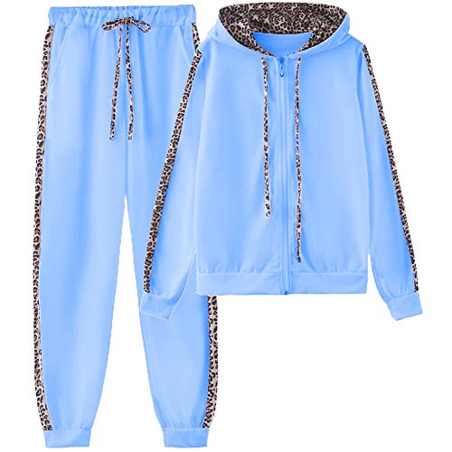 amropi Traingsanzug Damen Jogginganzug Leopard Kapuzenpullover Lange Ärmel Top + Hose Sportanzug 2 Stück (Blau,L)