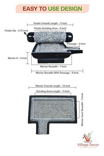 Village Decor Handmade traditional Mortar & Pestle (sil bhatta) (Small (Black Stone) - (2-3 People))