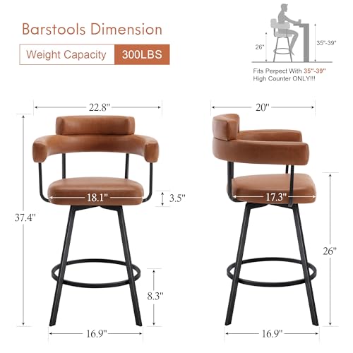 Butacos giratorios de altura para barra, juego de 4 unidades, asiento de cuero sintético, patas metálicas, color marrón miniatura 2