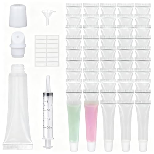 Image of MAYCREATE 50pcs Clear Lip Gloss Tubes Set, 10ml Empty Lip Balm Containers with Caps, Syringes & Labels Kit, Plastic Soft Squeeze Tubes for DIY Cosmetic Sample Pigment Powder (Sample Not Included)