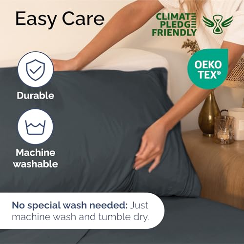 Image of King Size 4 Piece Sheet Set - Ultra Soft & Cooling Bed Sheets - Slate Blue | Fits 8 Inch to 16 inch Mattress, Wrinkle Free & Fade Resistant with Deep Pockets, Breathable, Comfy Hotel Luxury Bedding