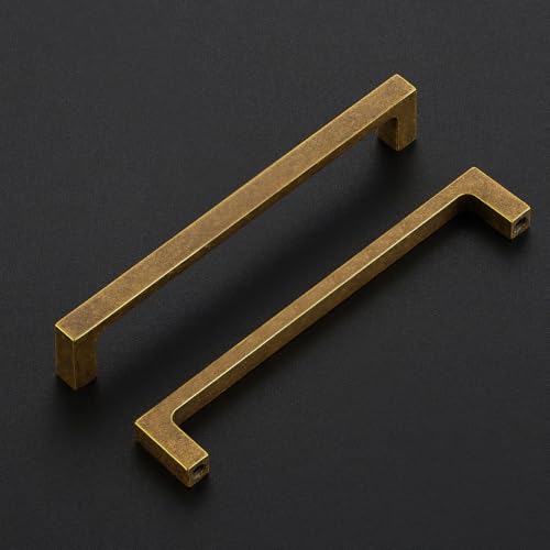 Image of Ravinte Antique Brass Kitchen Cabinet Solid Handles,6-1 /4 Inch,5 Pack | Solid Zinc Alloy, Modern Slim Style, Square Design, Deep-Thread Firm Base, Screws Included, for Kitchen Drawers & Cupboards