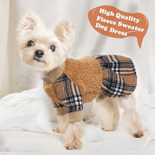 Image of Dog Sweater Dog Winter Clothes for Small Dogs Boy Girl Fall Puppy Dress Warm Fleece Chihuahua Yorkie Teacup Doggie Sweaters Dresses for Small Dogs Girl Cat Outfits, Brown Plaid, S