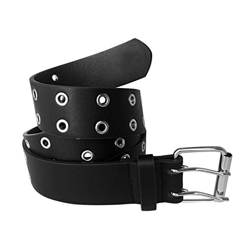Double Eyelet Grommet Leather Buckle Belt Black Waistband 1.57 Inch Fashion Belt for Men for Women Adjustable, S - Main Image