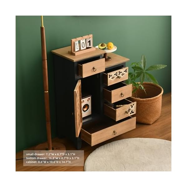 Farmhouse accent chest with carved door and 5 drawers vintage storage cabinet modern dresser for living room entryway hallway multi drawer organizer natural and deep blue  urban country home decor