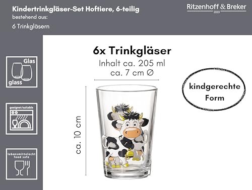 Ritzenhoff & Breker Kindertrinkgläser-Set Hoftiere, 6-teilig, Transparent, Mehrfarbig