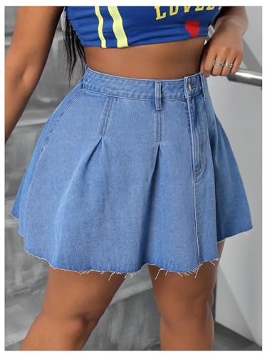 MakeMeChic Women's Plus Size Jean Skirt Pleated Y2k High Waisted Denim Pleated Mini Skirts3