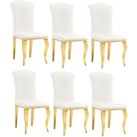 Maxtude Faux Leather Upholstered Dining Chairs Set of 6,Luxury Dining Chair for Kitchen Dinette w/Stainless Steel Gold Legs, Dining Room Chair Side Chair for Living Room (Set of 6, White-Gold Legs) Cover