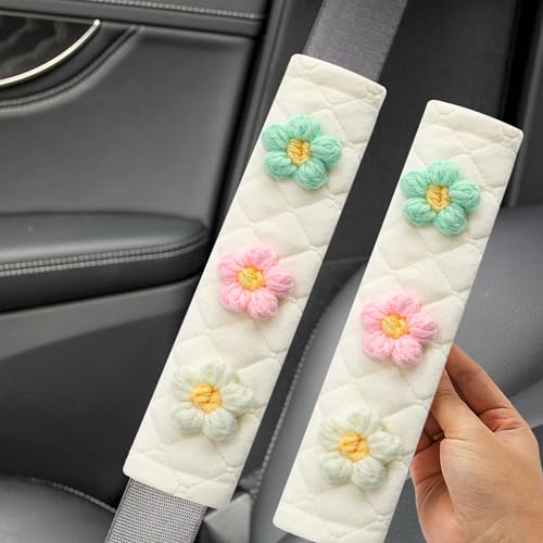 Image of Amooca Soft Auto Seat Belt Cover Seatbelt Shoulder Pad Cushions 2 PCS for a More Comfortable Driving Universal Fit for All Cars and Backpack Off-White Knitted Flower (Green & Pink)