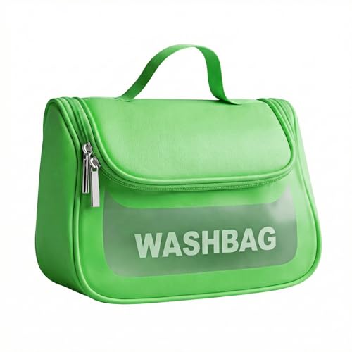 Image of Cosmetic Bag for Women, PU Leather Makeup Pouch, Large Capacity Travel Makeup Organizer with Divider & Handle, Waterproof Portable Vanity Storage Bag for Toiletries (Washing Bag-Green)