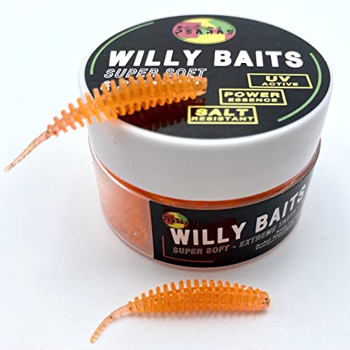 Willy Baits - 38mm - Forellen Softbaits Box - Knobi Aroma Lamellen Gummiwürmer - Trout Fishing (orange-Glitter, 20 STK. in der Box | Ködergröße 38 mm)