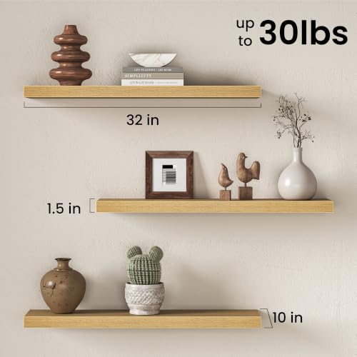 Image of Fun Memories 32 Inch Floating Shelves for Wall, Oak Wood Wall Mounted Shelf with Invisible Bracket, 10 Inch Deep Large Shelves for Living Room Bathroom Bedroom, Set of 3