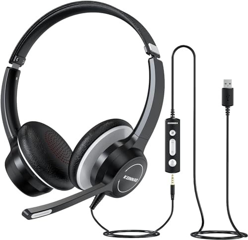 KONNAO Computer Headset with Microphone, 3.5mm/USB Headsets Wired with Noise Cancelling Microphone,...