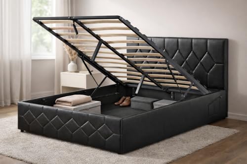 Modernique Black Faux Leather Ottoman Storage Bed with Built-in Anti-Shake Headboard, 2 Side Pockets & USB | Type-C Charging Ports (Small Double (4ft))