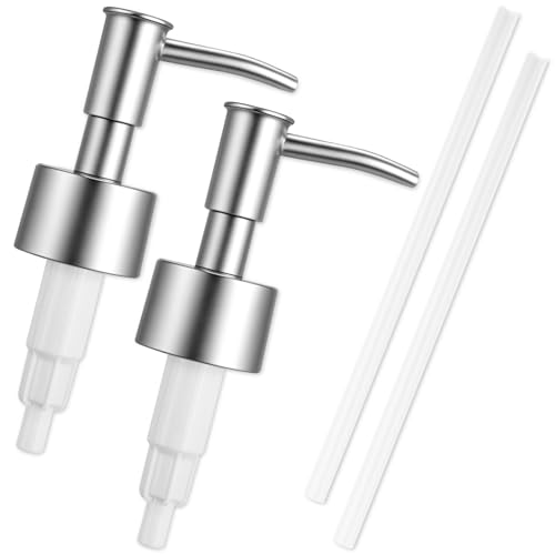 2 Pack Silver Soap Dispenser Pump Replacement Heads, Compatible with Regular Mouth Plastic Bottles for Liquid Soap, Lotion, Shampoo, and More