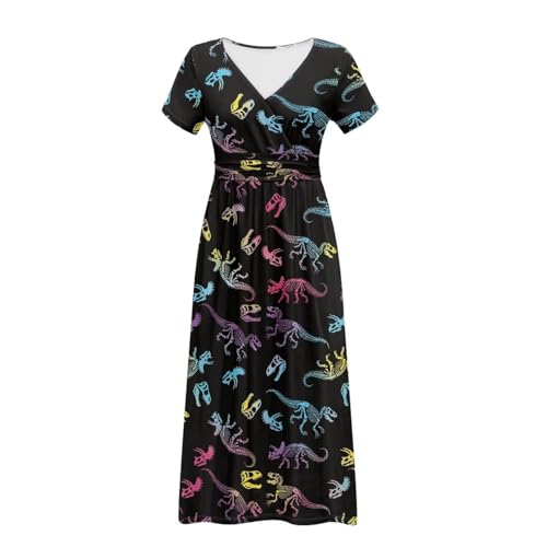 Image of Women's Fall Summer Short Sleeve Ankle Length V-Neck Party Dress with Pockets Size S-3XL