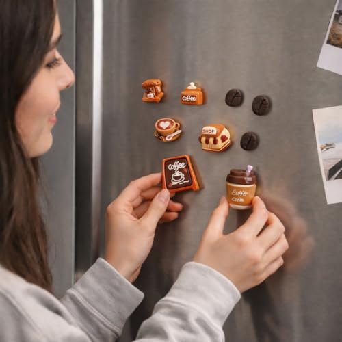 Image of 8 Pc Coffee Theme Fridge Magnet Set for Refrigerator Door | Cute 3D Cafe Magnets for Kitchen Decor | Decorative Magnets