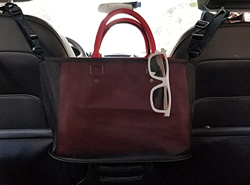 Car Net Pocket for Purses and Bags, Driver Storage Netting Pouch, Handbag Holder Attaches to Headrest (Black)