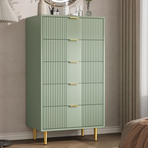 Garvee Fluted Dresser for Bedroom with 5 Drawers, 44.3" Tall Modern Chest of Drawers with Metal Handle, Wooden Closet Clothes Storage Organizer for Li