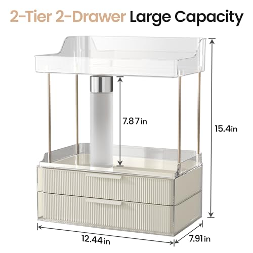 Image of Delamu 4-Tier Makeup Organizer, Bathroom Counter, 2 Drawers,Cream White