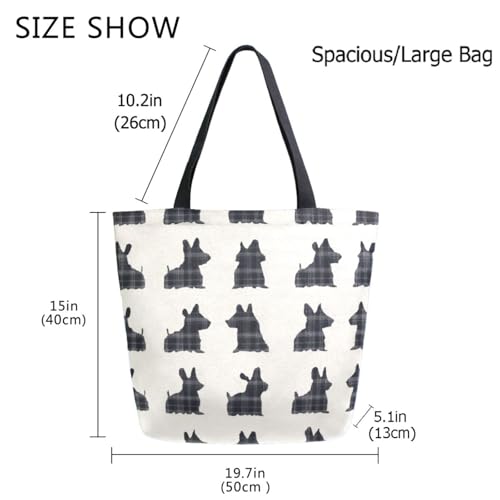 Black Plaid Scottish Terrier Dogs Extra Large Canvas Gym Shoulder Tote,Durable Reusable Daily Top Handle Bag for Mens Womens Yoga Weekender Picnic Beach Travel Market Shopping4