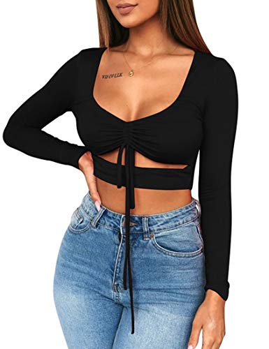 Mizoci Women's Sexy Ruched Tie Up Crop Top Basic Long Sleeve Cut Out T Shirt,Small,Black