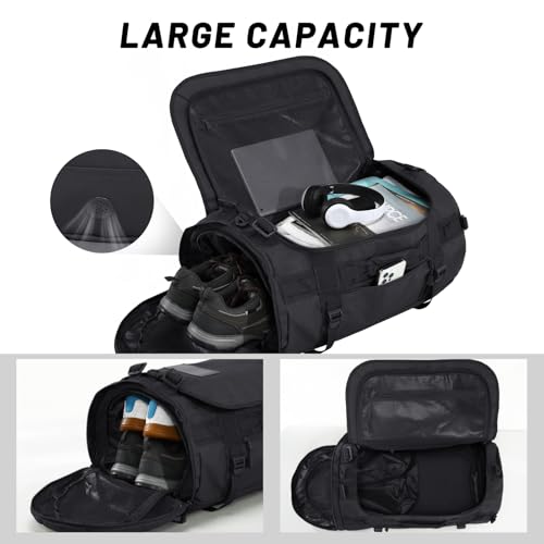 MIER Reisetasche große Sporttasche Wasserabweisend Sportrucksack mit Schuhfach umwandelbar in Rucksack, Schwarz, 60L