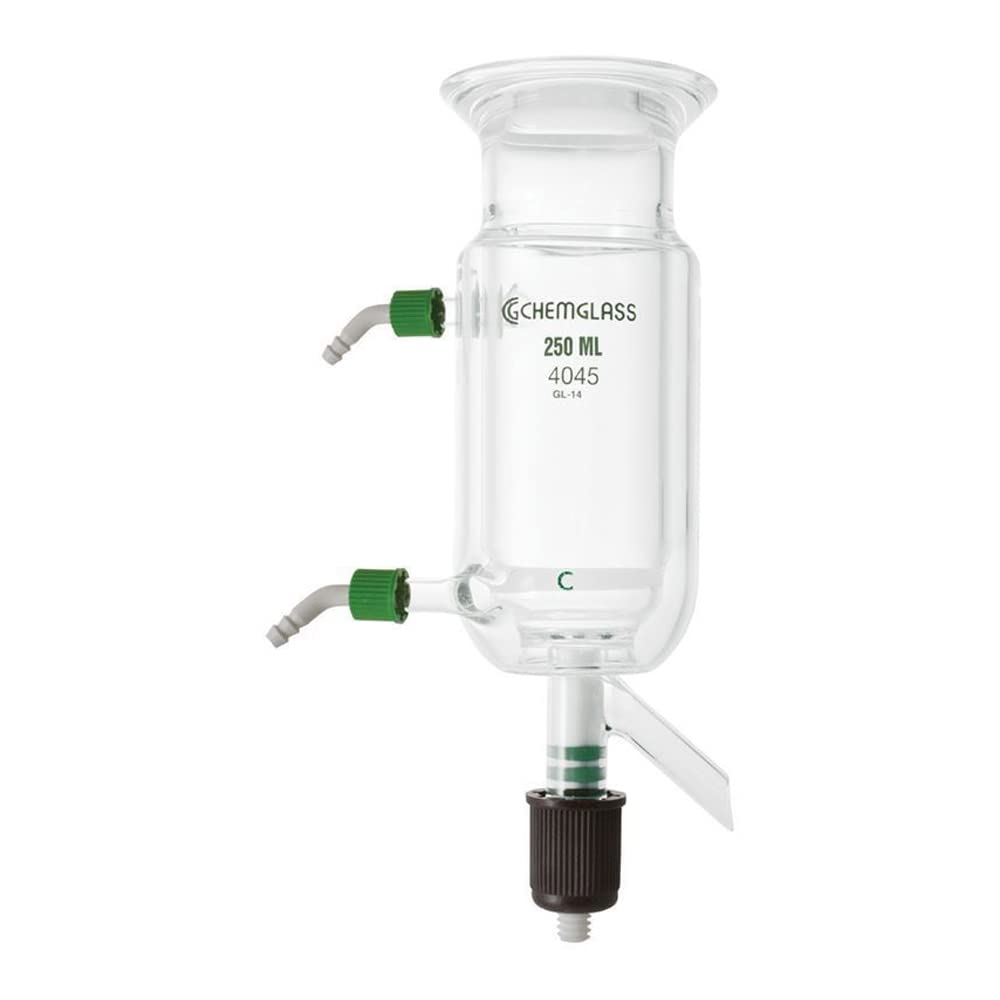 CG-1868-02, Peptide Synthesis Jacketed Lower Drain Reaction Vessel, Coarse Frit, 60mm ID Flange, Drain Valve Type/CG-511-01, 250mL Capacity, 60mm Body I.D. x 110mm Height