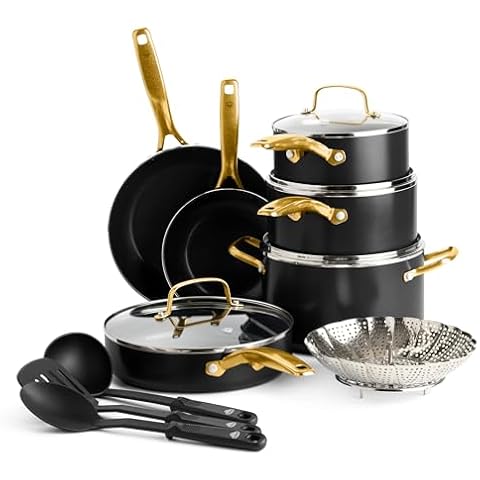 Blue Diamond Gold 14 Piece Cookware Pots and Pans Set, Induction Suitable, Diamond Infused PFOA & PFAS-Free Ceramic Nonstick, Durable Metal Utensil Safe, Dishwasher Safe, Gold Handle, Black Cover