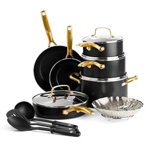 Blue Diamond Gold 14 Piece Cookware Set, Ceramic Nonstick, PFAS Free, PFOA Free, Induction Suitable, Dishwasher Safe, Gold Handle, Black