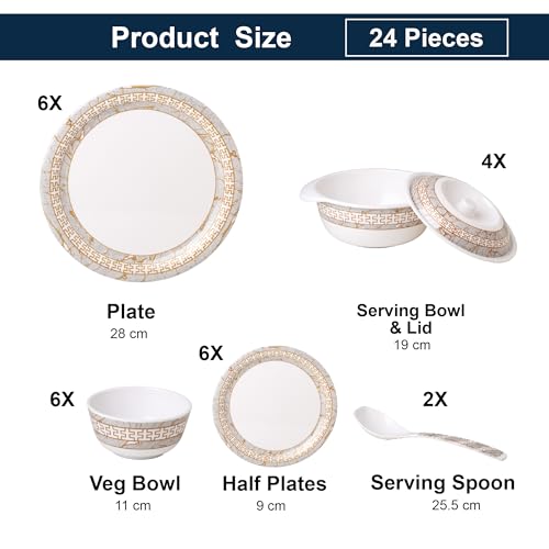 Image of Golden Fish 24 Pcs Dinner Set with Covered Donga for 6 | 6 Full Plates, 6 Quarter Plates, 6 Veg Bowls, 2 Donga with Lid & 2 Serving Spoons | Hygienic Serving Set for Home Dining & Hosting