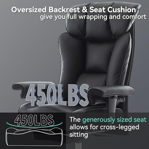Image of Efomao Big and Tall Executive Office Chair 450lbs,Black | 5.9 inch Thick Pocket Spring Cushion, Reclining Breathable PU Leather Desk Chair with Foot Rest, Soft Comfortable Support