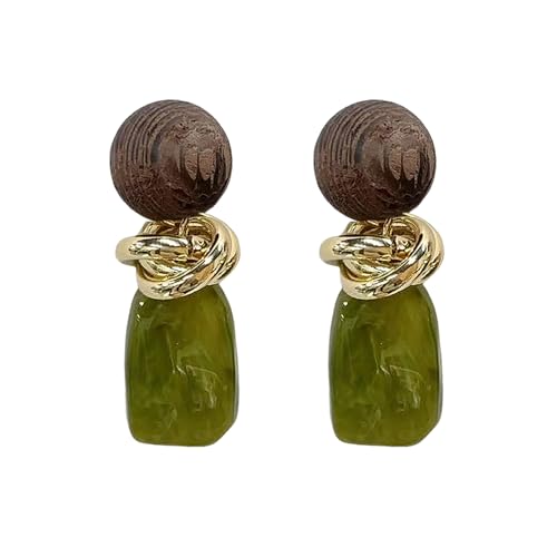 Retro Geometric Statement Earrings for Women Lightweight Resin Imitation Amber Stone Wooden Ball Charms Dangle Drop Earring Vintage Christmas Holiday Birthday Jewelry Gifts (Green)