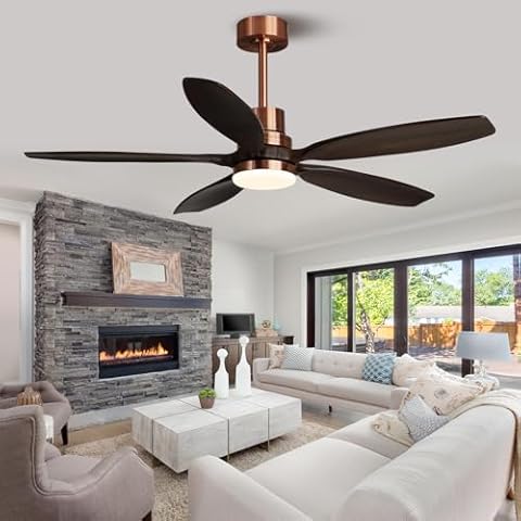 KAPOEFAN 52" Ceiling Fan with Light and Remote,Reversible DC Motor,6Speed,Modern Natural Wood Ceiling Fan with Dimmable LED for Outdoor Patios Bedroom Living Room,Black Walnut and Red Brass Cover