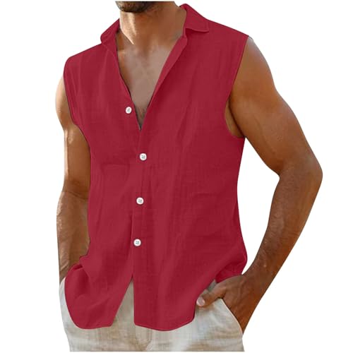 Dmmtot Canottiere estive da uomo in lino senza maniche con bottoni camicia casual canotte in lino guayabera cubano top basic maglietta leggera per vacanze camicia all'aperto taglia S-XXL, Rosso, S