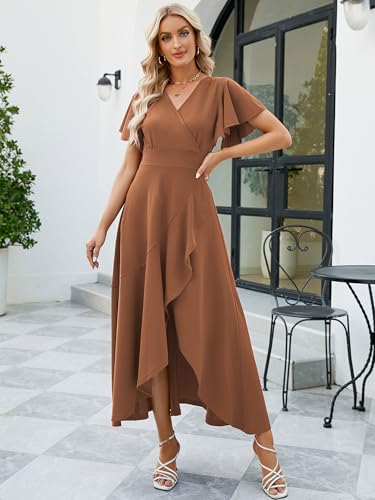Image of Long Black Formal Dresses for Women Gowns Evening Party Cocktail Dress,Split Elegant V Neck Wrap Ruffle Wedding Guest Dresses