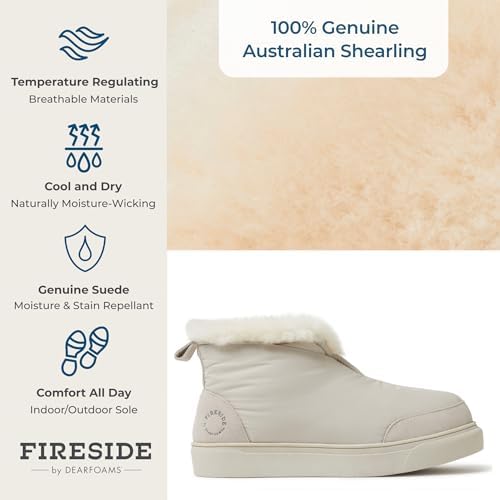 Dearfoams Men's Fireside Nylon Australian Shearling Water Resistant Après Winter Warm Up Bootie Snow Boot, Cream Linen, 10 | Image 2