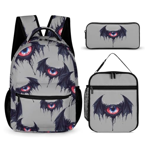 Winged Demon Eyeball Travel Backpack Lunch Box Pencil Case 3Pcs Set for Men Women Office Outing University