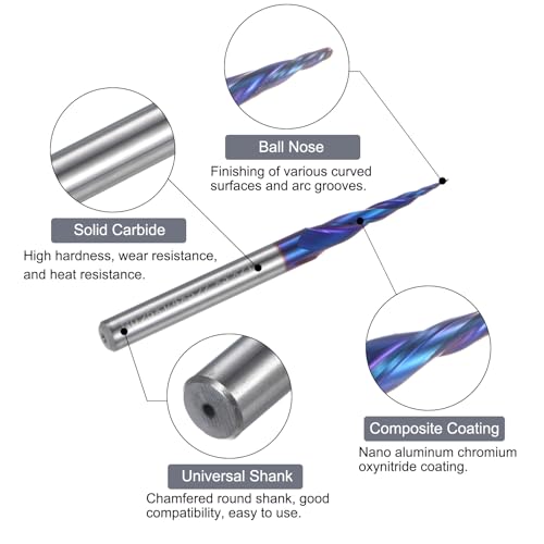 Image of uxcell Tapered Ball Nose End Mill CNC Router Bit, 0.25mm Radius 1 /4 inch Shank Solid Carbide Coated Upcut Spiral 2 Flutes Cutter Milling Tool, 0.5mm Dia 3 inch Total Length