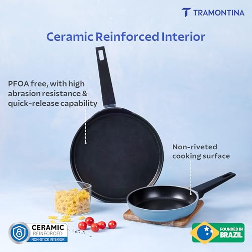 Image of TRAMONTINA Aura Cookware Set of 2- Frypan 20cm, Dosa tawa 28cm | Reinforced Ceramic Non-Stick Cookware | Quick & Even Heating | Low-Oil Cooking | Bakelite Handle | Induction & Gas | Blueberry