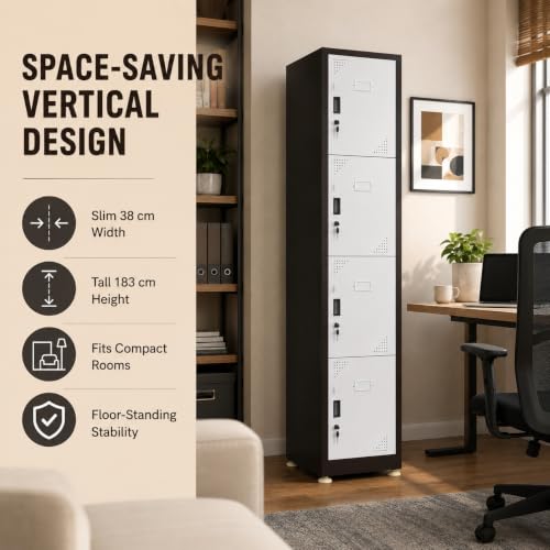 Image of Amazon Brand - Solimo 4-Door Vertical Steel Locker | Heavy-Duty Lockable Storage Cabinet for Gym, School, Office & Home | Secure Compartments for Clothes, Gear & Valuables Powder Coated Brown Finish