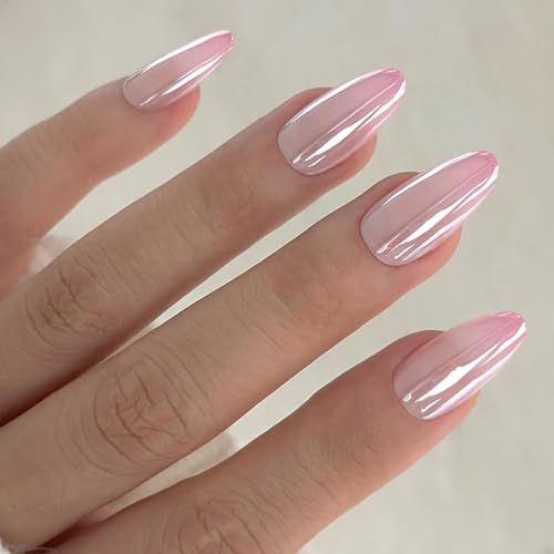 FRUJCDKI Almond Soft Gel Press on Nails, Gradient Chrome Fake Nail with Nails Glue, Mirror Gloss, Perfect Fit, Full Cover Acrylic False Nails Stick on Nails for Women and girls (Light pink, S)