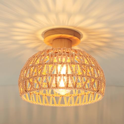 iDEGU Plafonnier Vintage Industrielle 25CM Lustre en Bois et Rotin Cage Abat-jour Lampe de Plafond E27 Éclairage Décoration Suspension Luminaire pour Chambre Entrée...
