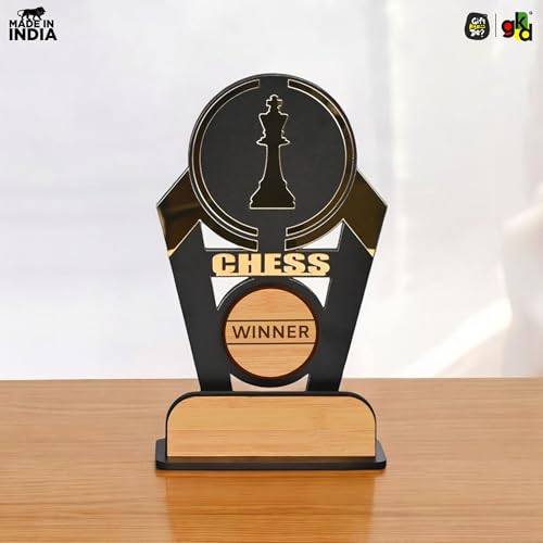 Image of GKD Wooden & Acrylic Sports Winner Trophy - Badminton, Shot Put, Carom, Chess - 8 x 4 Inches, Ideal for Awards & Celebrations (Pack of 4)