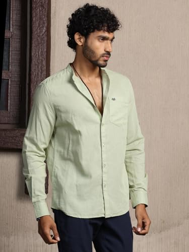 Image of Thomas Scott Men's | Solid | Full Sleeve | Slim Fit | Linen Blend | Mandarin Collar | Casual Shirt