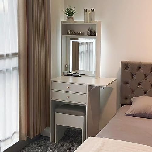 ARTETHYS Small Vanity Desk Set with 3 Adjustable Lighted Mirror and Storage Chair, Makeup Vanity Table for Small Space, White Dressing Table with Fold-up Panel for Bedroom - Thumbnail 7